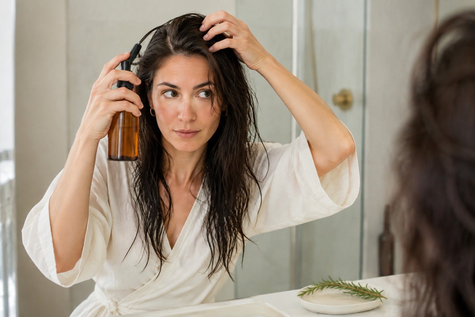 Mujer aplicando agua de romero sobre las raíces del cabello húmedo.
